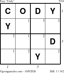 The grouppuzzles.com Easy Cody puzzle for Thursday October 8, 2026, suitable for printing, with all 3 steps marked