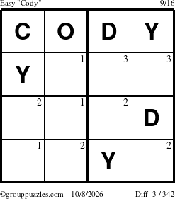 The grouppuzzles.com Easy Cody puzzle for Thursday October 8, 2026 with the first 3 steps marked