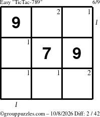 The grouppuzzles.com Easy TicTac-789 puzzle for Thursday October 8, 2026 with all 2 steps marked
