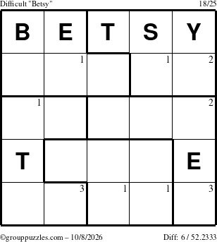 The grouppuzzles.com Difficult Betsy puzzle for Thursday October 8, 2026 with the first 3 steps marked