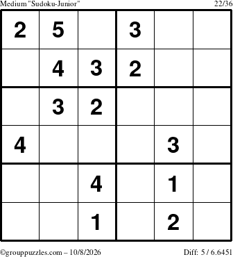 The grouppuzzles.com Medium Sudoku-Junior puzzle for Thursday October 8, 2026