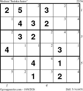 The grouppuzzles.com Medium Sudoku-Junior puzzle for Thursday October 8, 2026, suitable for printing, with all 5 steps marked