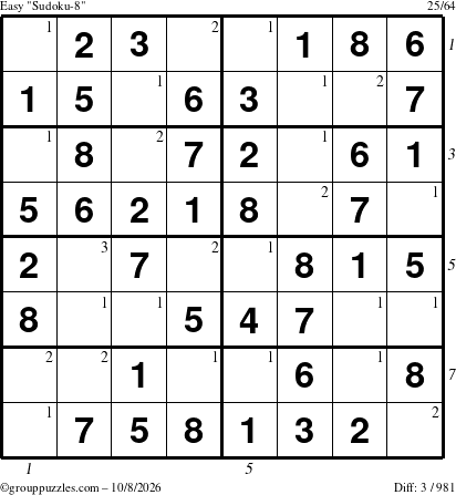 The grouppuzzles.com Easy Sudoku-8 puzzle for Thursday October 8, 2026 with all 3 steps marked