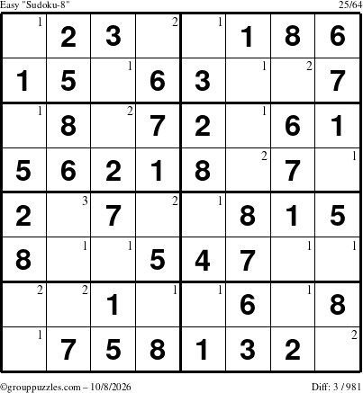 The grouppuzzles.com Easy Sudoku-8 puzzle for Thursday October 8, 2026 with the first 3 steps marked