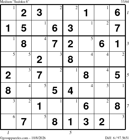 The grouppuzzles.com Medium Sudoku-8 puzzle for Thursday October 8, 2026, suitable for printing, with all 6 steps marked
