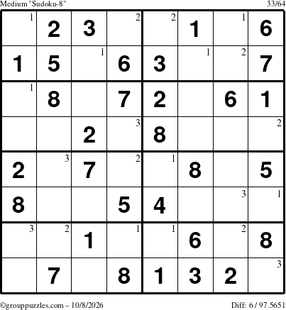 The grouppuzzles.com Medium Sudoku-8 puzzle for Thursday October 8, 2026 with the first 3 steps marked