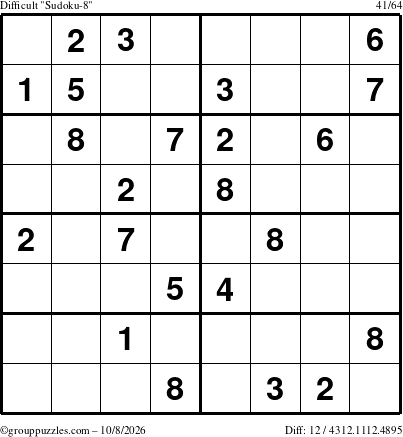The grouppuzzles.com Difficult Sudoku-8 puzzle for Thursday October 8, 2026