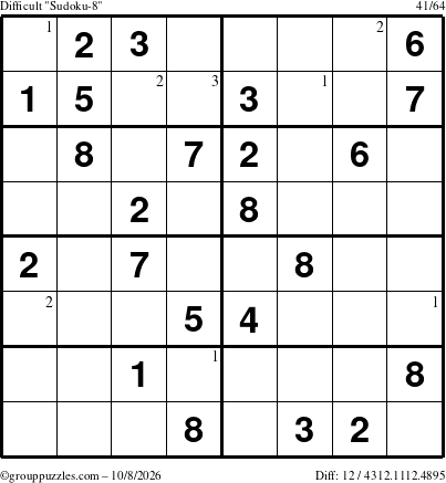 The grouppuzzles.com Difficult Sudoku-8 puzzle for Thursday October 8, 2026 with the first 3 steps marked