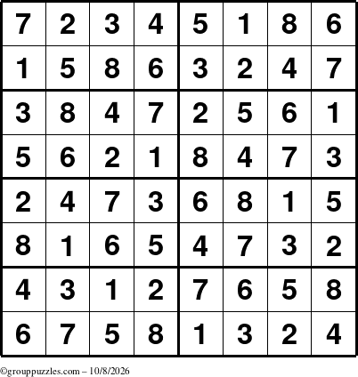 The grouppuzzles.com Answer grid for the Sudoku-8 puzzle for Thursday October 8, 2026