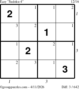 The grouppuzzles.com Easy Sudoku-4 puzzle for Saturday April 11, 2026, suitable for printing, with all 3 steps marked