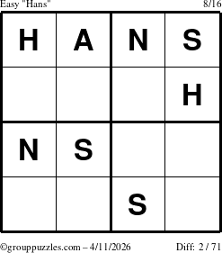 The grouppuzzles.com Easy Hans puzzle for Saturday April 11, 2026