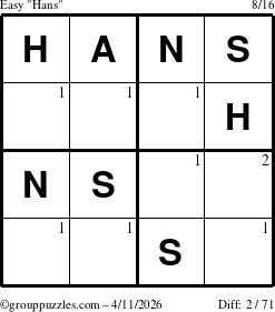 The grouppuzzles.com Easy Hans puzzle for Saturday April 11, 2026 with the first 2 steps marked