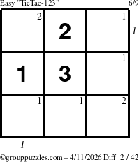 The grouppuzzles.com Easy TicTac-123 puzzle for Saturday April 11, 2026 with all 2 steps marked