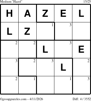 The grouppuzzles.com Medium Hazel puzzle for Saturday April 11, 2026 with the first 3 steps marked