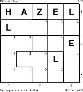 The grouppuzzles.com Difficult Hazel puzzle for Saturday April 11, 2026, suitable for printing, with all 5 steps marked