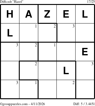 The grouppuzzles.com Difficult Hazel puzzle for Saturday April 11, 2026 with the first 3 steps marked