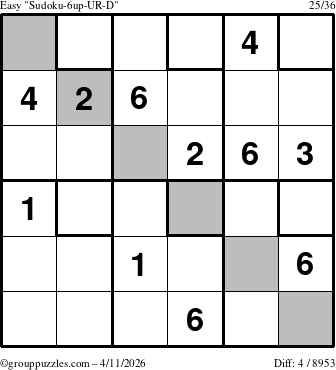 The grouppuzzles.com Easy Sudoku-6up-UR-D puzzle for Saturday April 11, 2026