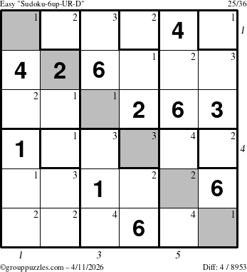 The grouppuzzles.com Easy Sudoku-6up-UR-D puzzle for Saturday April 11, 2026, suitable for printing, with all 4 steps marked