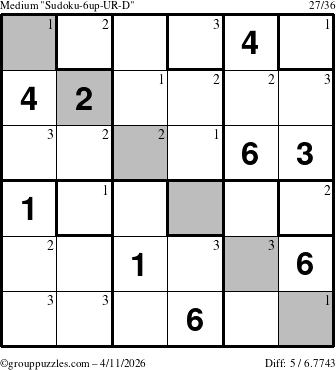 The grouppuzzles.com Medium Sudoku-6up-UR-D puzzle for Saturday April 11, 2026 with the first 3 steps marked