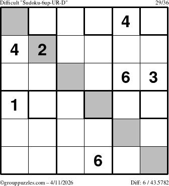 The grouppuzzles.com Difficult Sudoku-6up-UR-D puzzle for Saturday April 11, 2026