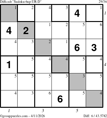 The grouppuzzles.com Difficult Sudoku-6up-UR-D puzzle for Saturday April 11, 2026, suitable for printing, with all 6 steps marked