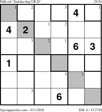The grouppuzzles.com Difficult Sudoku-6up-UR-D puzzle for Saturday April 11, 2026 with the first 3 steps marked