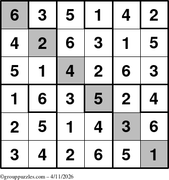 The grouppuzzles.com Answer grid for the Sudoku-6up-UR-D puzzle for Saturday April 11, 2026