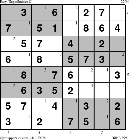 The grouppuzzles.com Easy SuperSudoku-8 puzzle for Saturday April 11, 2026, suitable for printing, with all 3 steps marked