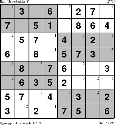 The grouppuzzles.com Easy SuperSudoku-8 puzzle for Saturday April 11, 2026 with the first 3 steps marked