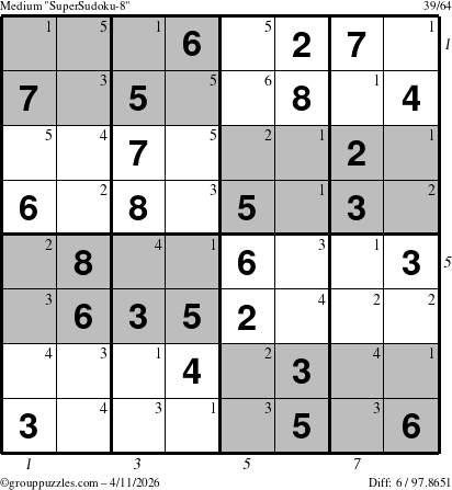 The grouppuzzles.com Medium SuperSudoku-8 puzzle for Saturday April 11, 2026 with all 6 steps marked