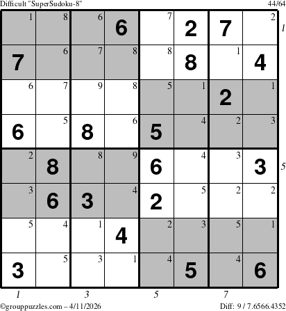 The grouppuzzles.com Difficult SuperSudoku-8 puzzle for Saturday April 11, 2026, suitable for printing, with all 9 steps marked