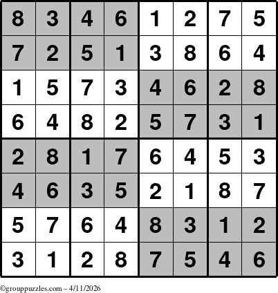 The grouppuzzles.com Answer grid for the SuperSudoku-8 puzzle for Saturday April 11, 2026