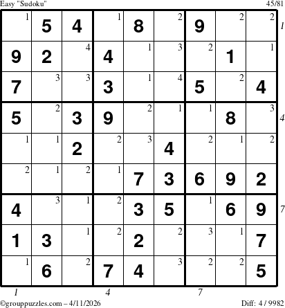 The grouppuzzles.com Easy Sudoku puzzle for Saturday April 11, 2026, suitable for printing, with all 4 steps marked