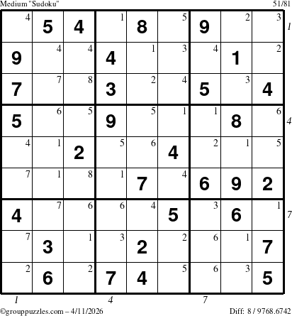 The grouppuzzles.com Medium Sudoku puzzle for Saturday April 11, 2026 with all 8 steps marked