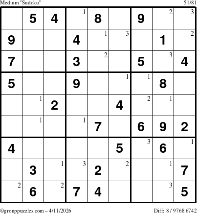 The grouppuzzles.com Medium Sudoku puzzle for Saturday April 11, 2026 with the first 3 steps marked