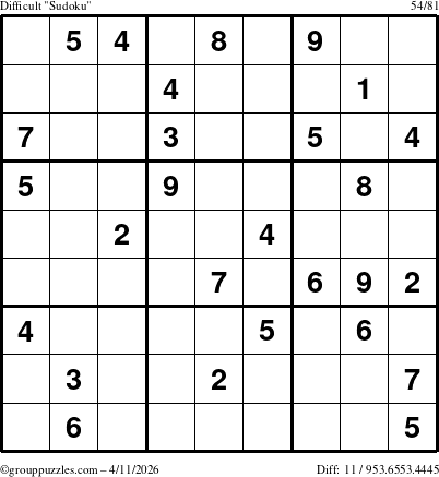 The grouppuzzles.com Difficult Sudoku puzzle for Saturday April 11, 2026