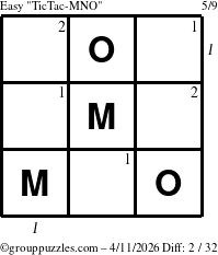 The grouppuzzles.com Easy TicTac-MNO puzzle for Saturday April 11, 2026 with all 2 steps marked