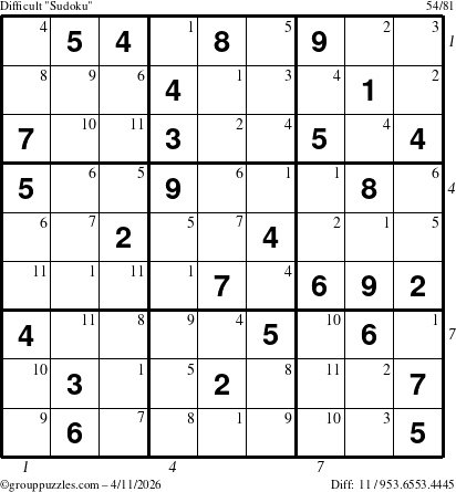 The grouppuzzles.com Difficult Sudoku puzzle for Saturday April 11, 2026, suitable for printing, with all 11 steps marked
