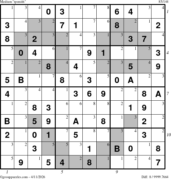 The grouppuzzles.com Medium tpsmith puzzle for Saturday April 11, 2026, suitable for printing, with all 8 steps marked