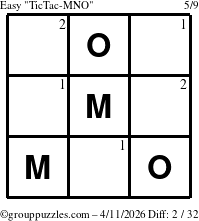 The grouppuzzles.com Easy TicTac-MNO puzzle for Saturday April 11, 2026 with the first 2 steps marked