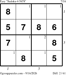 The grouppuzzles.com Easy Sudoku-4-5678 puzzle for Wednesday September 16, 2026 with all 2 steps marked