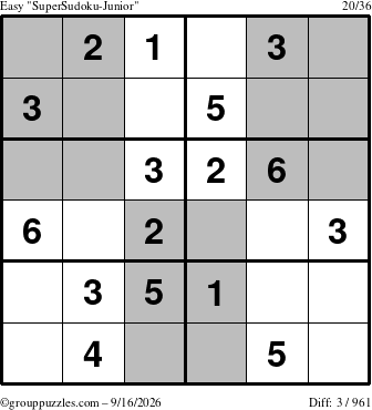 The grouppuzzles.com Easy SuperSudoku-Junior puzzle for Wednesday September 16, 2026