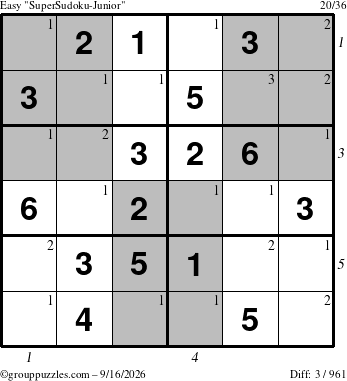 The grouppuzzles.com Easy SuperSudoku-Junior puzzle for Wednesday September 16, 2026, suitable for printing, with all 3 steps marked