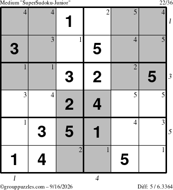 The grouppuzzles.com Medium SuperSudoku-Junior puzzle for Wednesday September 16, 2026 with all 5 steps marked