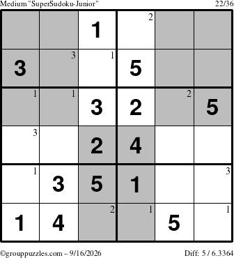 The grouppuzzles.com Medium SuperSudoku-Junior puzzle for Wednesday September 16, 2026 with the first 3 steps marked