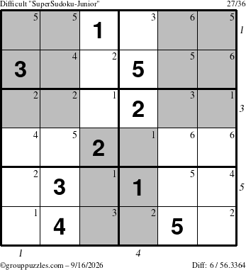 The grouppuzzles.com Difficult SuperSudoku-Junior puzzle for Wednesday September 16, 2026, suitable for printing, with all 6 steps marked
