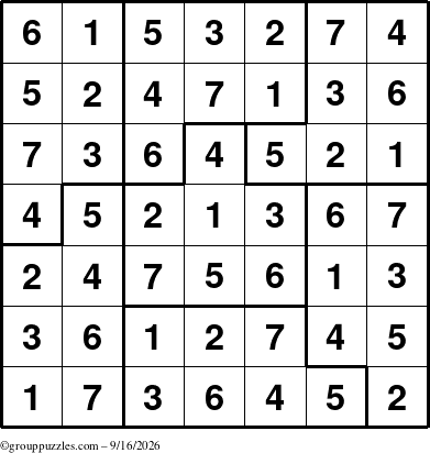 The grouppuzzles.com Answer grid for the Sudoku-7B puzzle for Wednesday September 16, 2026