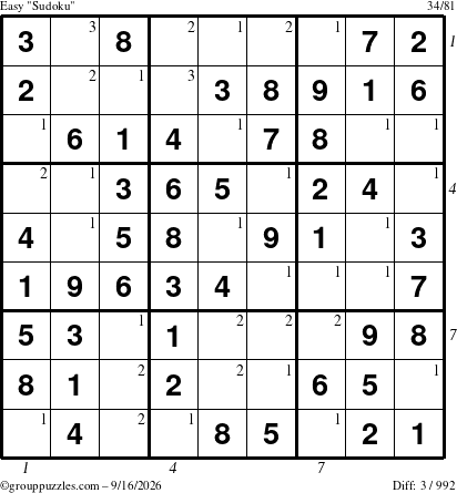 The grouppuzzles.com Easy Sudoku puzzle for Wednesday September 16, 2026, suitable for printing, with all 3 steps marked