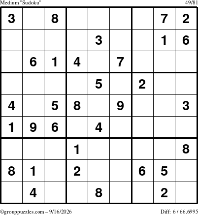 The grouppuzzles.com Medium Sudoku puzzle for Wednesday September 16, 2026