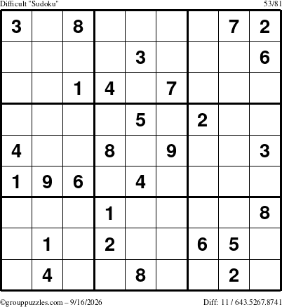 The grouppuzzles.com Difficult Sudoku puzzle for Wednesday September 16, 2026